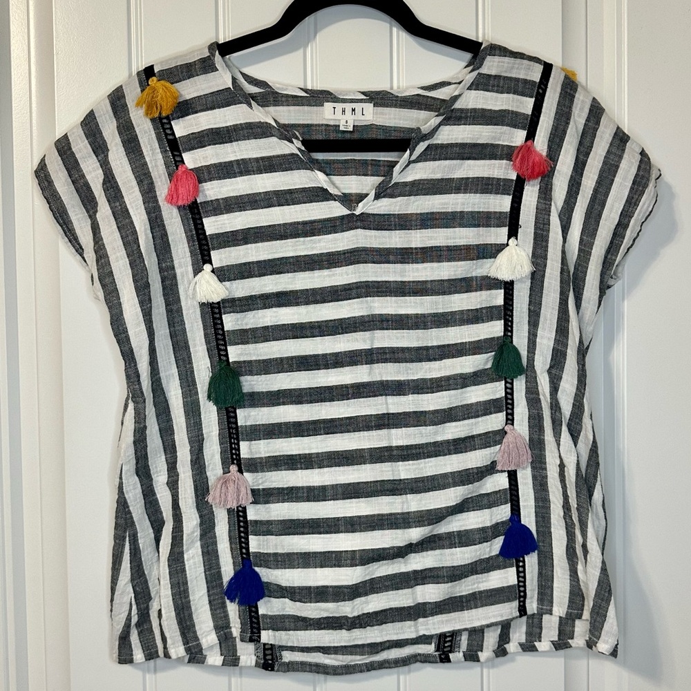THML Light Grey & White Contrast Striped Top with Multicolor Tassels